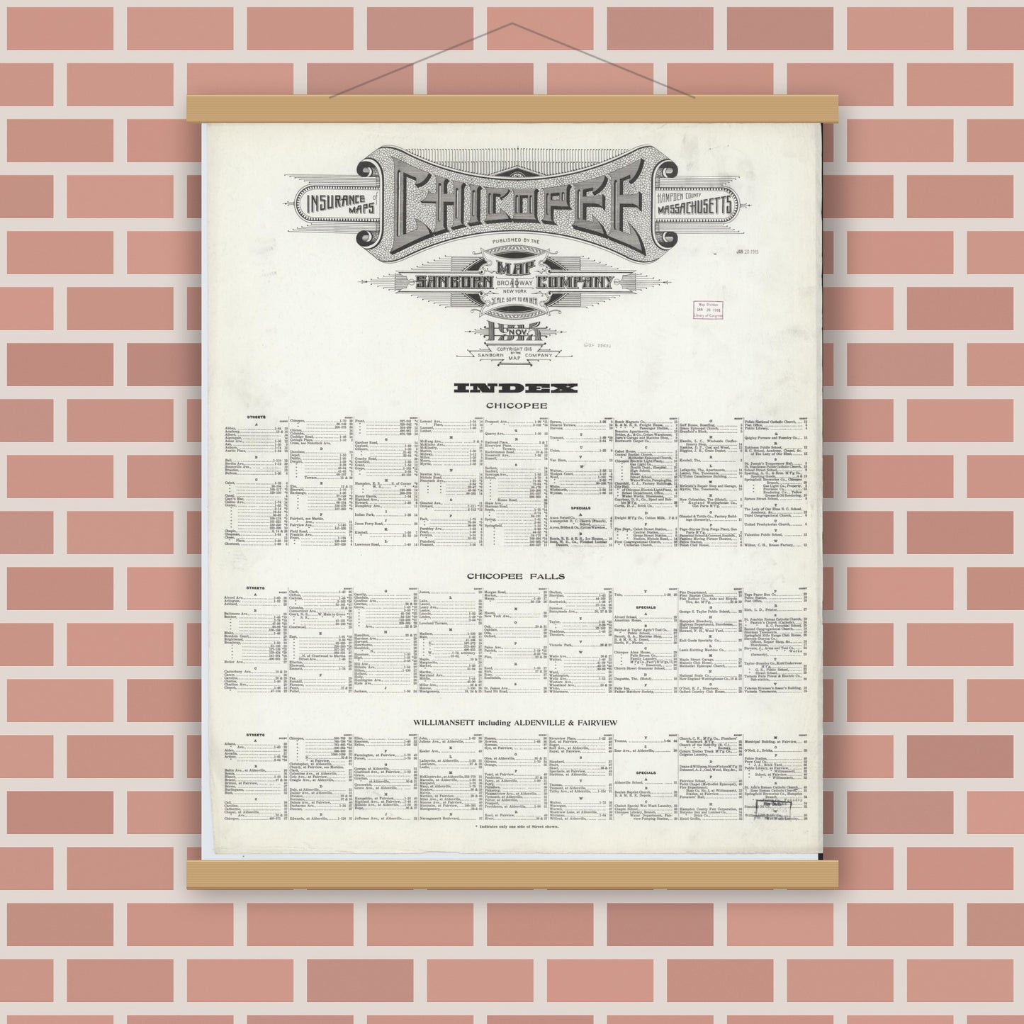 Old map wall art mockup — magnetic wood frame on brick wall — Sanborn Fire Insurance Map from Chicopee, Hampden County, Massachusetts (1915), Sheet #0001