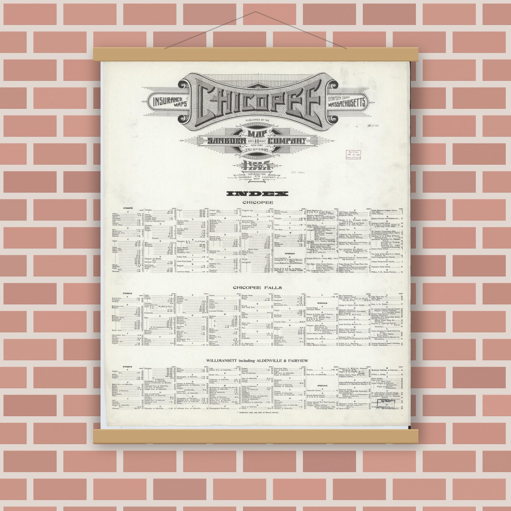 Old map wall art mockup — magnetic wood frame on brick wall — Sanborn Fire Insurance Map from Chicopee, Hampden County, Massachusetts (1915), Sheet #0001