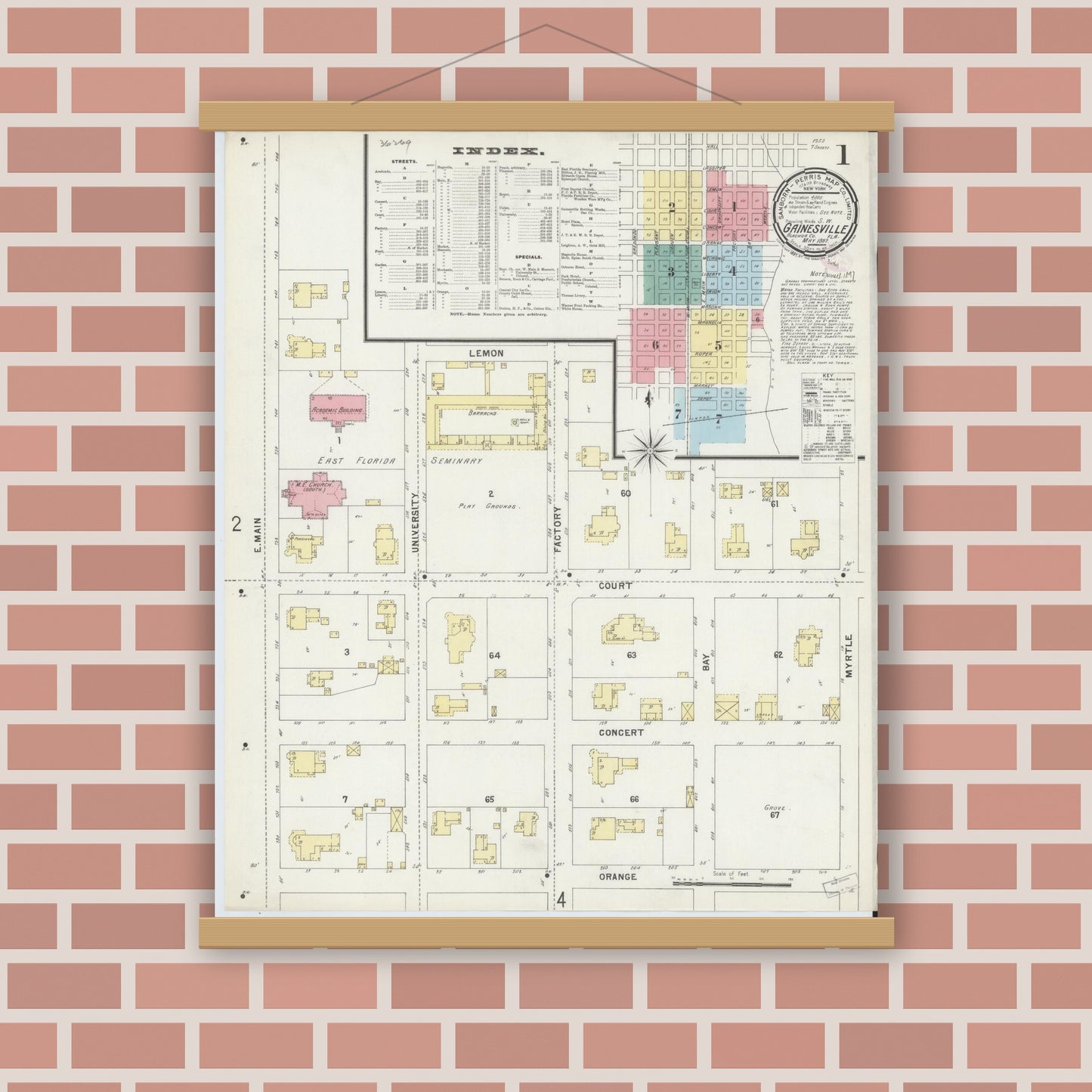 Old map wall art mockup — magnetic wood frame on brick wall — Sanborn Fire Insurance Map from Gainesville, Alachua County, Florida (1897), Sheet #0001