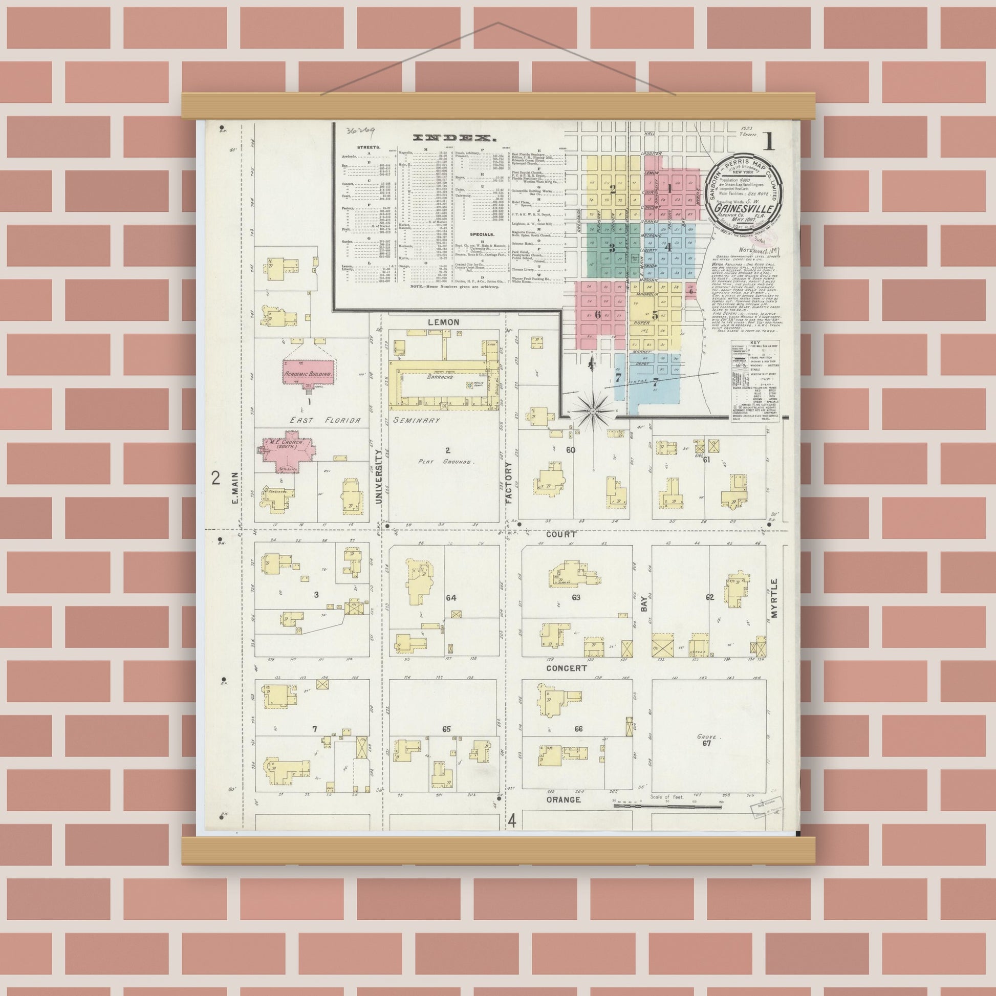 Old map wall art mockup — magnetic wood frame on brick wall — Sanborn Fire Insurance Map from Gainesville, Alachua County, Florida (1897), Sheet #0001