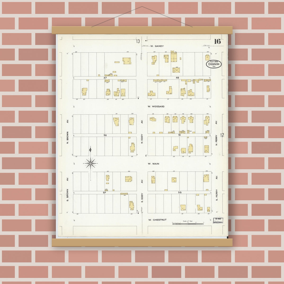 Old map wall art mockup — magnetic wood frame on brick wall — Sanborn Fire Insurance Map from Denison, Grayson County, Texas (1908), Sheet #0016
