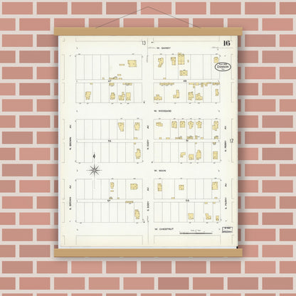 Old map wall art mockup — magnetic wood frame on brick wall — Sanborn Fire Insurance Map from Denison, Grayson County, Texas (1908), Sheet #0016