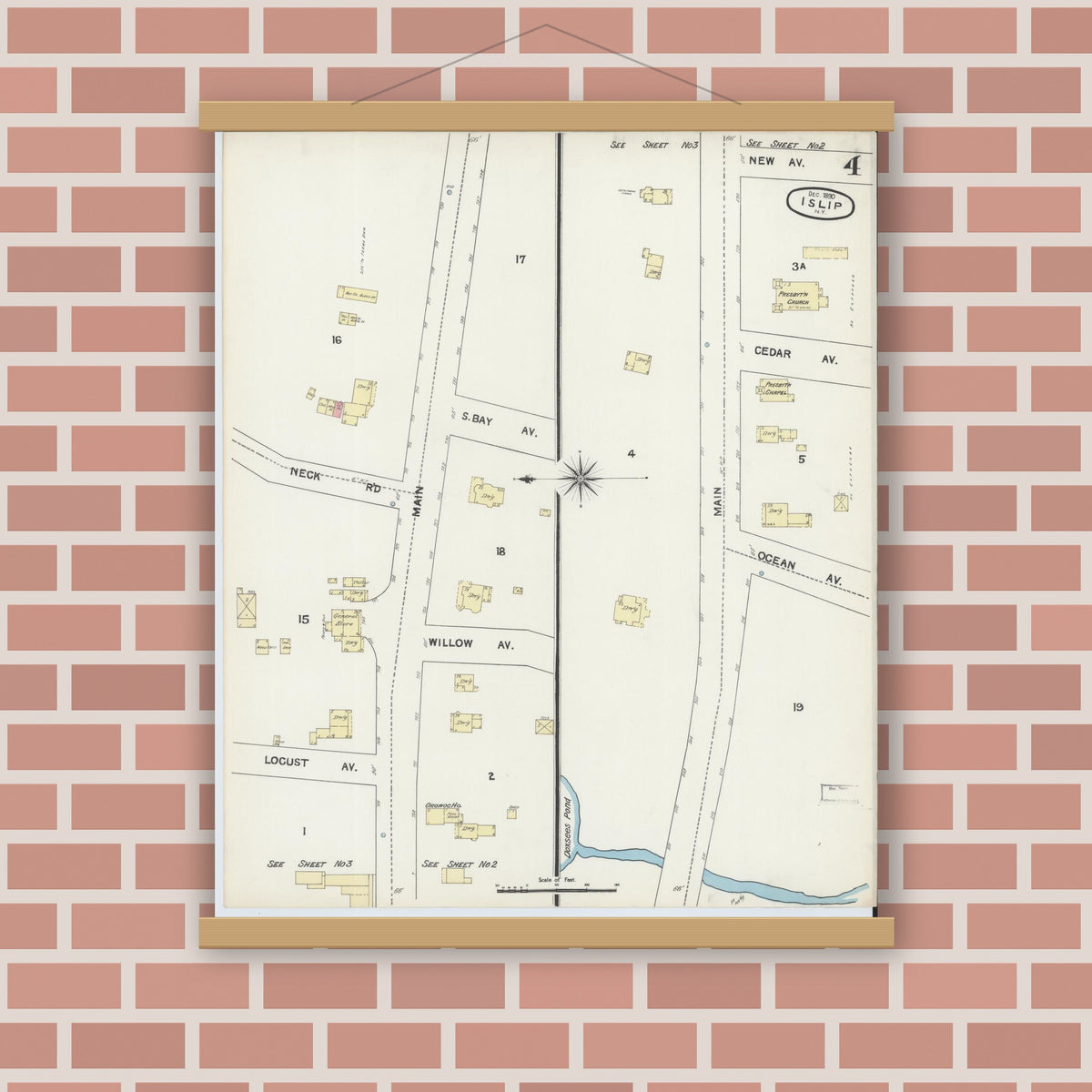 Old map wall art mockup — magnetic wood frame on brick wall — Sanborn Fire Insurance Map from Islip, Suffolk County, New York (1890), Sheet #0004