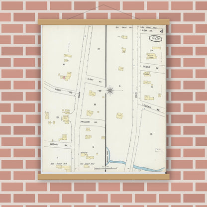 Old map wall art mockup — magnetic wood frame on brick wall — Sanborn Fire Insurance Map from Islip, Suffolk County, New York (1890), Sheet #0004