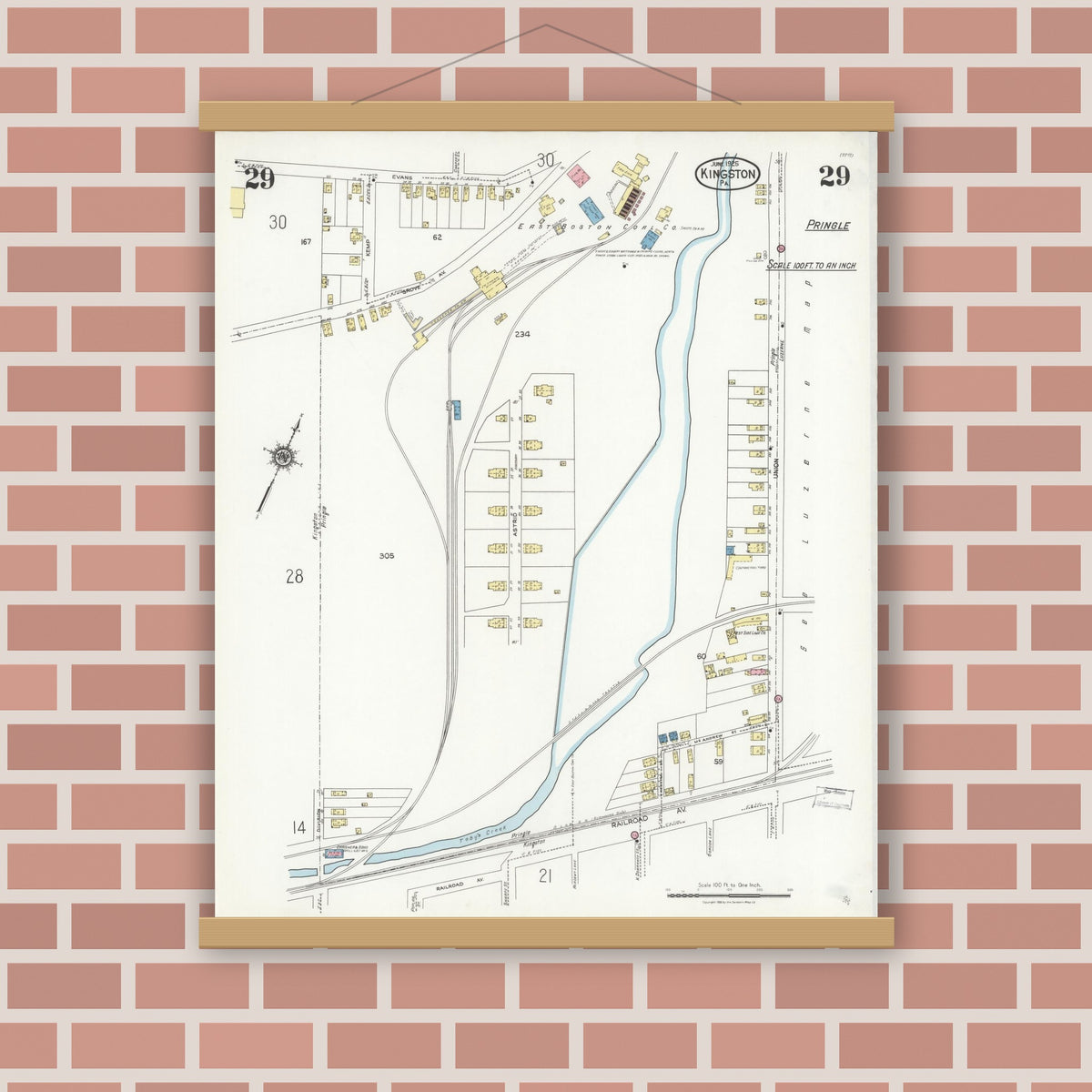 Old map wall art mockup — magnetic wood frame on brick wall — Sanborn Fire Insurance Map from Kingston, Luzerne County, Pennsylvania (1925), Sheet #0029