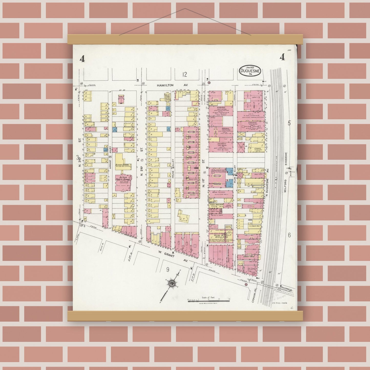Old map wall art mockup — magnetic wood frame on brick wall — Sanborn Fire Insurance Map from Duquesne, Allegheny County, Pennsylvania (1925), Sheet #0004