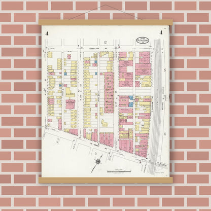 Old map wall art mockup — magnetic wood frame on brick wall — Sanborn Fire Insurance Map from Duquesne, Allegheny County, Pennsylvania (1925), Sheet #0004