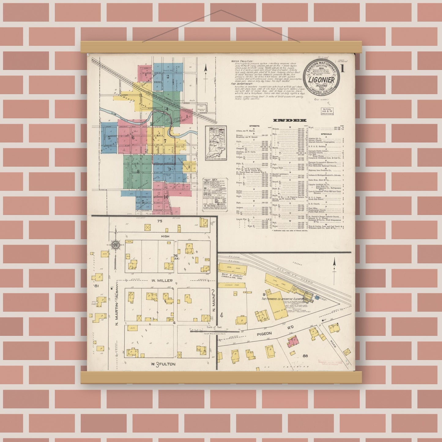 Old map wall art mockup — magnetic wood frame on brick wall — Sanborn Fire Insurance Map from Ligonier, Noble County, Indiana (1922) - Complete Map Set