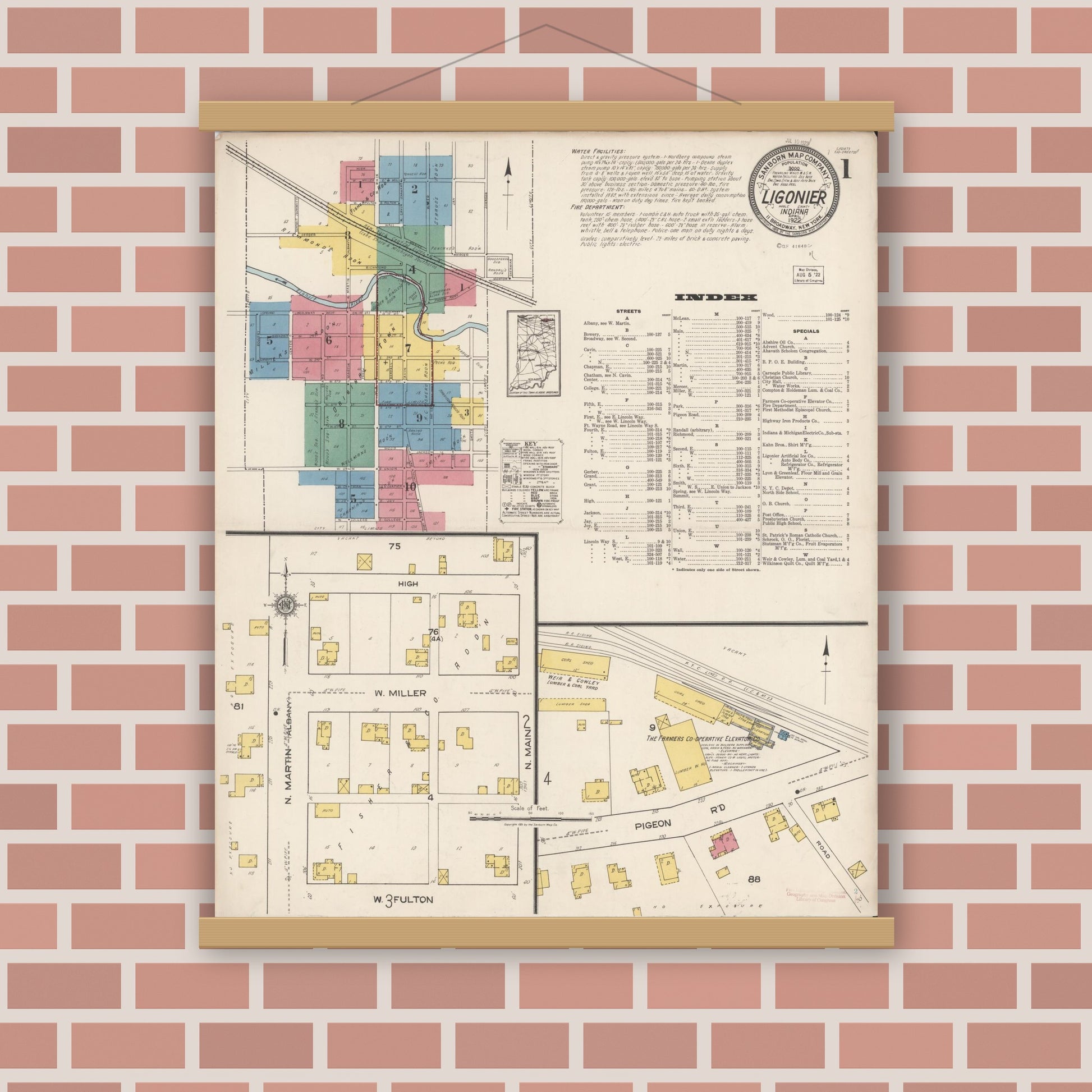 Old map wall art mockup — magnetic wood frame on brick wall — Sanborn Fire Insurance Map from Ligonier, Noble County, Indiana (1922) - Complete Map Set