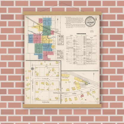 Old map wall art mockup — magnetic wood frame on brick wall — Sanborn Fire Insurance Map from Ligonier, Noble County, Indiana (1922) - Complete Map Set