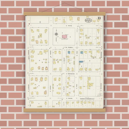 Old map wall art mockup — magnetic wood frame on brick wall — Sanborn Fire Insurance Map from Monroe, Green County, Wisconsin (1915), Sheet #0013