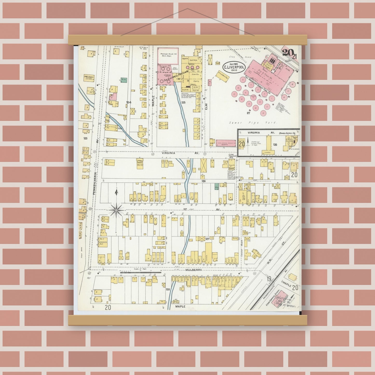 Old map wall art mockup — magnetic wood frame on brick wall — Sanborn Fire Insurance Map from East Liverpool, Columbiana County, Ohio (1903), Sheet #0020