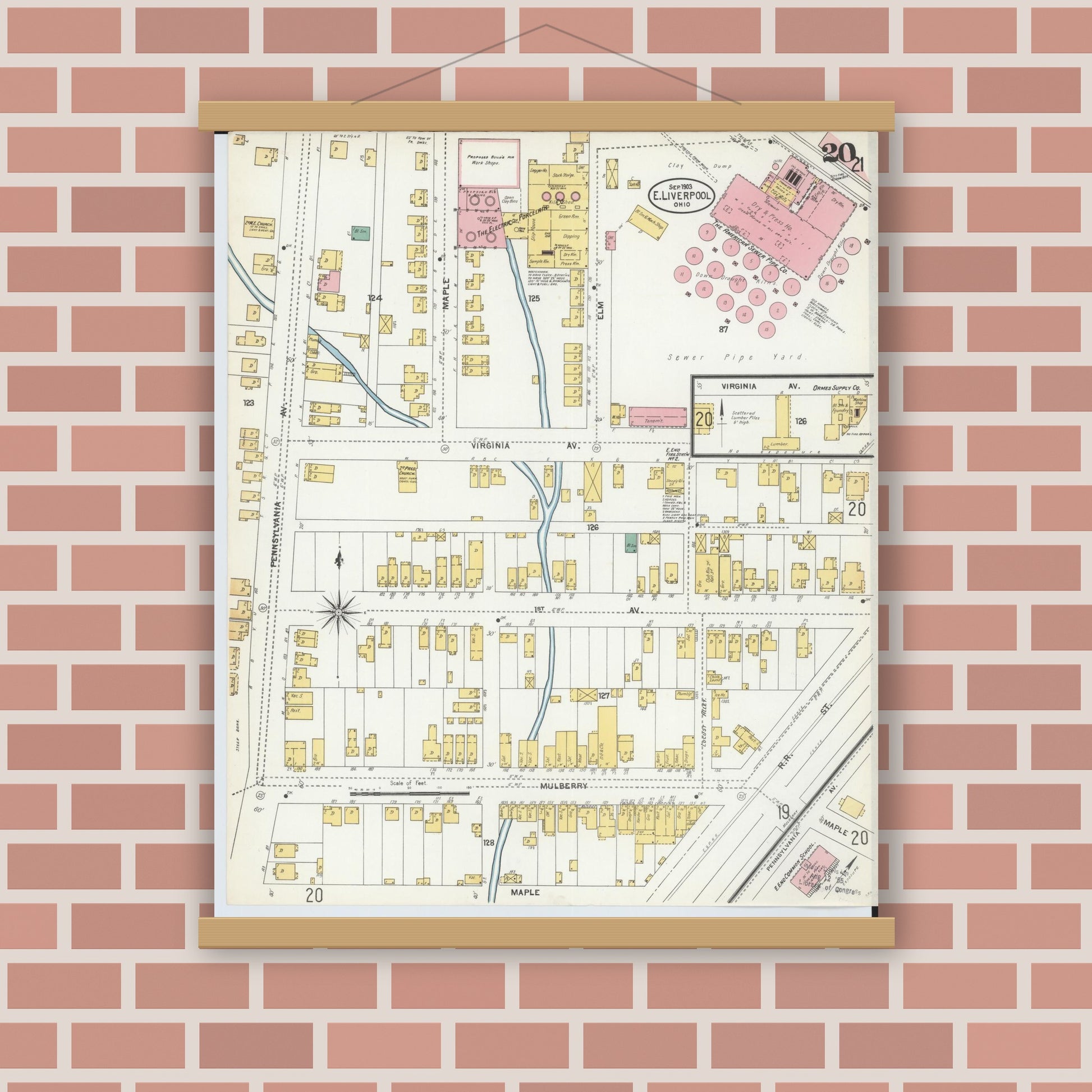 Old map wall art mockup — magnetic wood frame on brick wall — Sanborn Fire Insurance Map from East Liverpool, Columbiana County, Ohio (1903), Sheet #0020