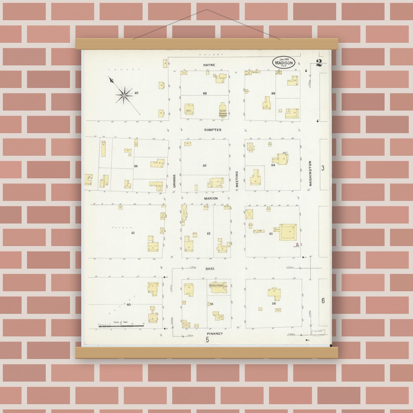 Old map wall art mockup — magnetic wood frame on brick wall — Sanborn Fire Insurance Map from Madison, Madison County, Florida (1909), Sheet #0002