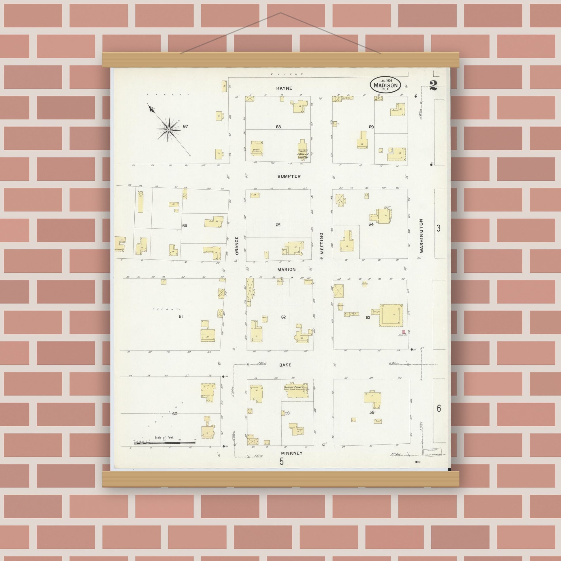 Old map wall art mockup — magnetic wood frame on brick wall — Sanborn Fire Insurance Map from Madison, Madison County, Florida (1909), Sheet #0002