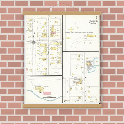 Old map wall art mockup — magnetic wood frame on brick wall — Sanborn Fire Insurance Map from Centerville, Appanoose County, Iowa (1898), Sheet #0007