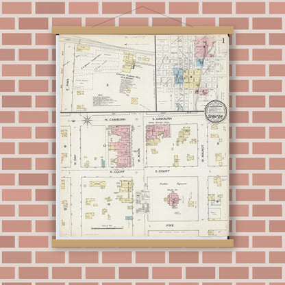 Old map wall art mockup — magnetic wood frame on brick wall — Sanborn Fire Insurance Map from Stanton, Montcalm County, Michigan (1887), Sheet #0001