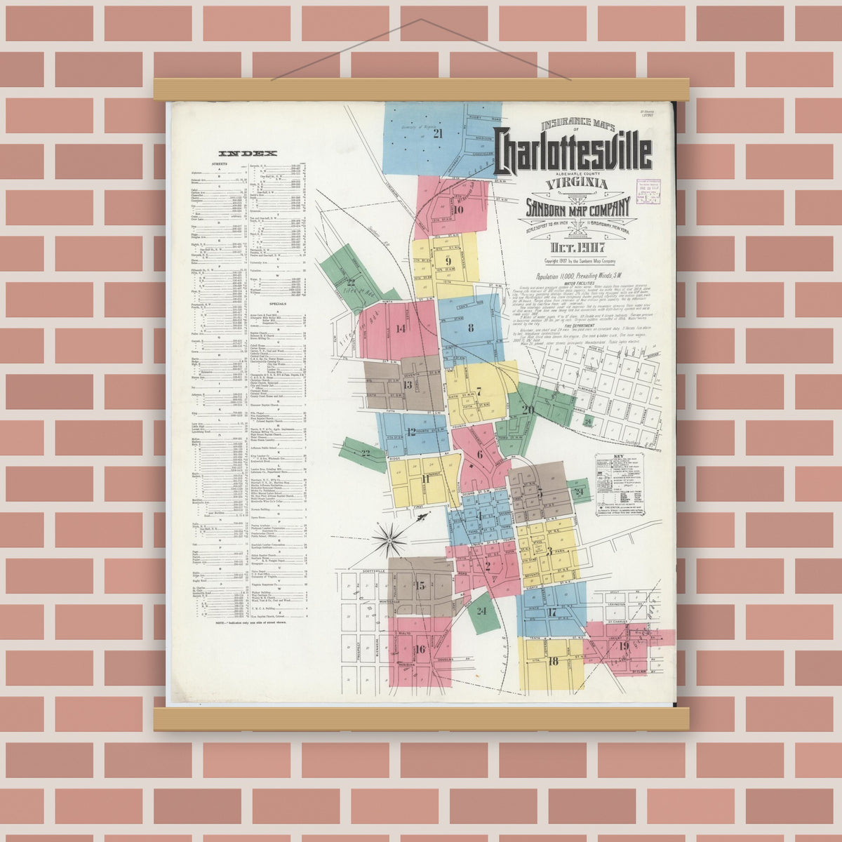 Old map wall art mockup — magnetic wood frame on brick wall — Sanborn Fire Insurance Map from Charlottesville, Independent Cities, Virginia (1907) - Complete Map Set