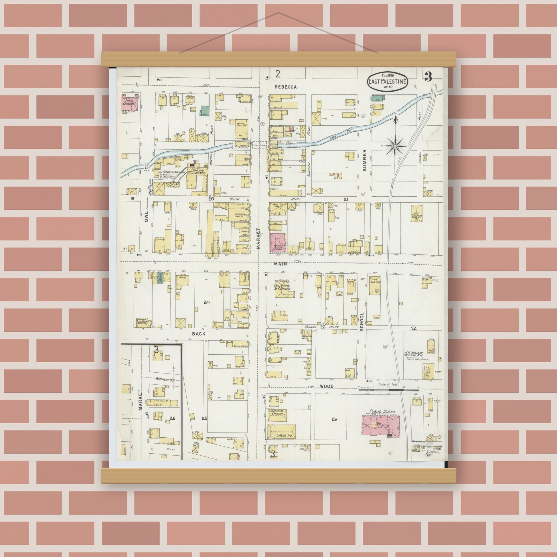 Old map wall art mockup — magnetic wood frame on brick wall — Sanborn Fire Insurance Map from East Palestine, Columbiana County, Ohio (1896), Sheet #0003
