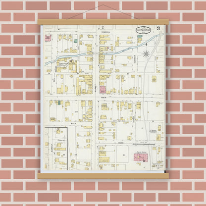 Old map wall art mockup — magnetic wood frame on brick wall — Sanborn Fire Insurance Map from East Palestine, Columbiana County, Ohio (1896), Sheet #0003
