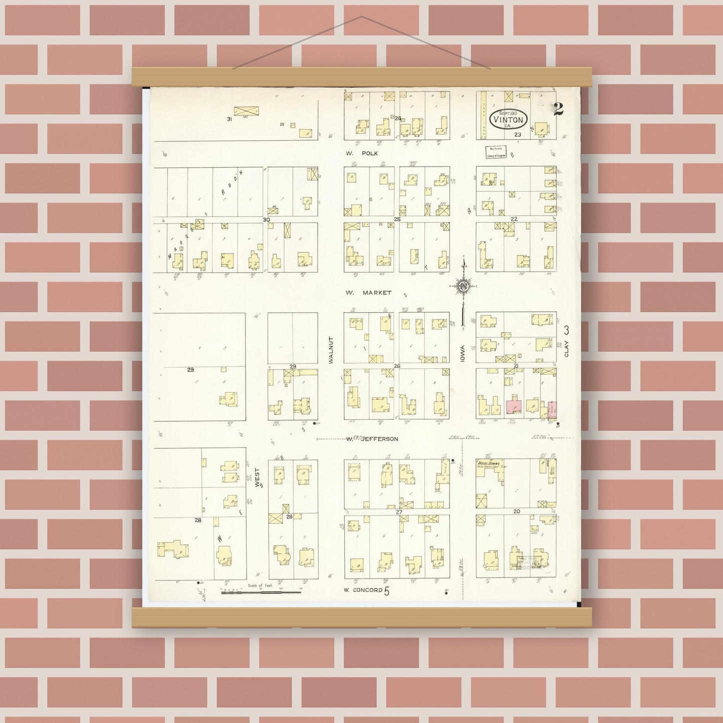 Old map wall art mockup — magnetic wood frame on brick wall — Sanborn Fire Insurance Map from Vinton, Benton County, Iowa (1913), Sheet #0002