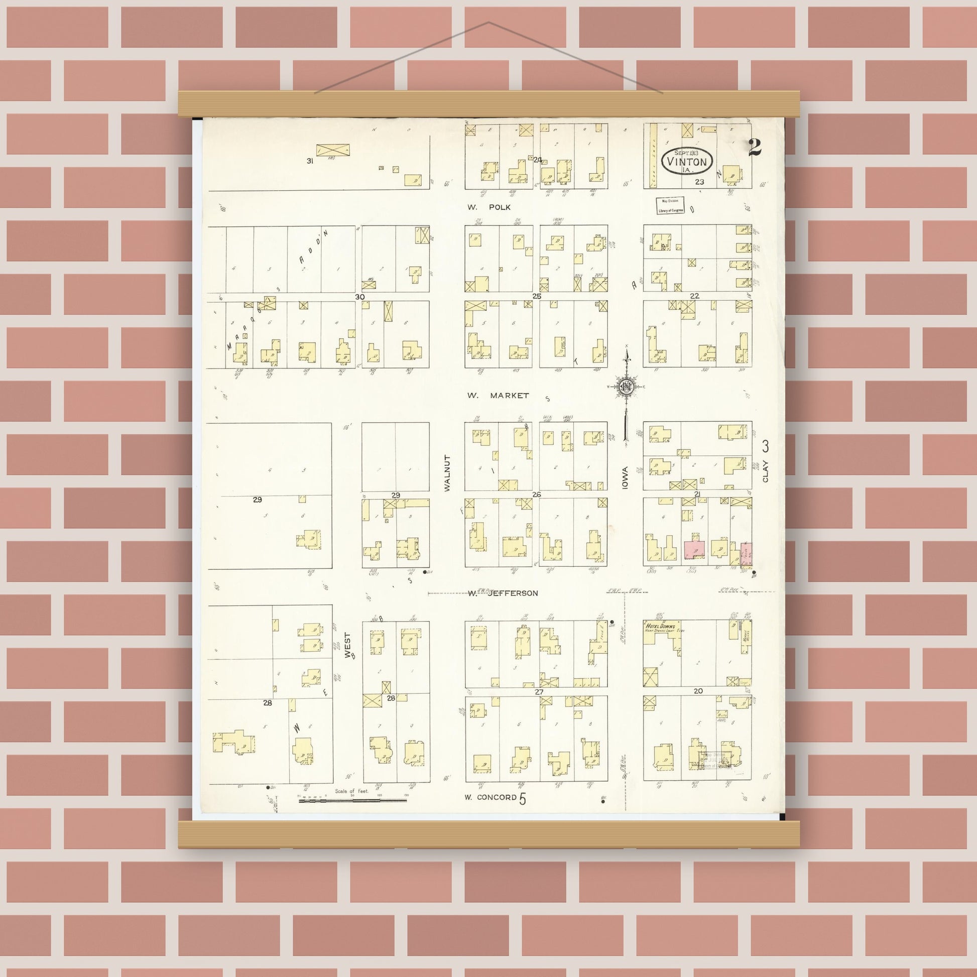 Old map wall art mockup — magnetic wood frame on brick wall — Sanborn Fire Insurance Map from Vinton, Benton County, Iowa (1913), Sheet #0002