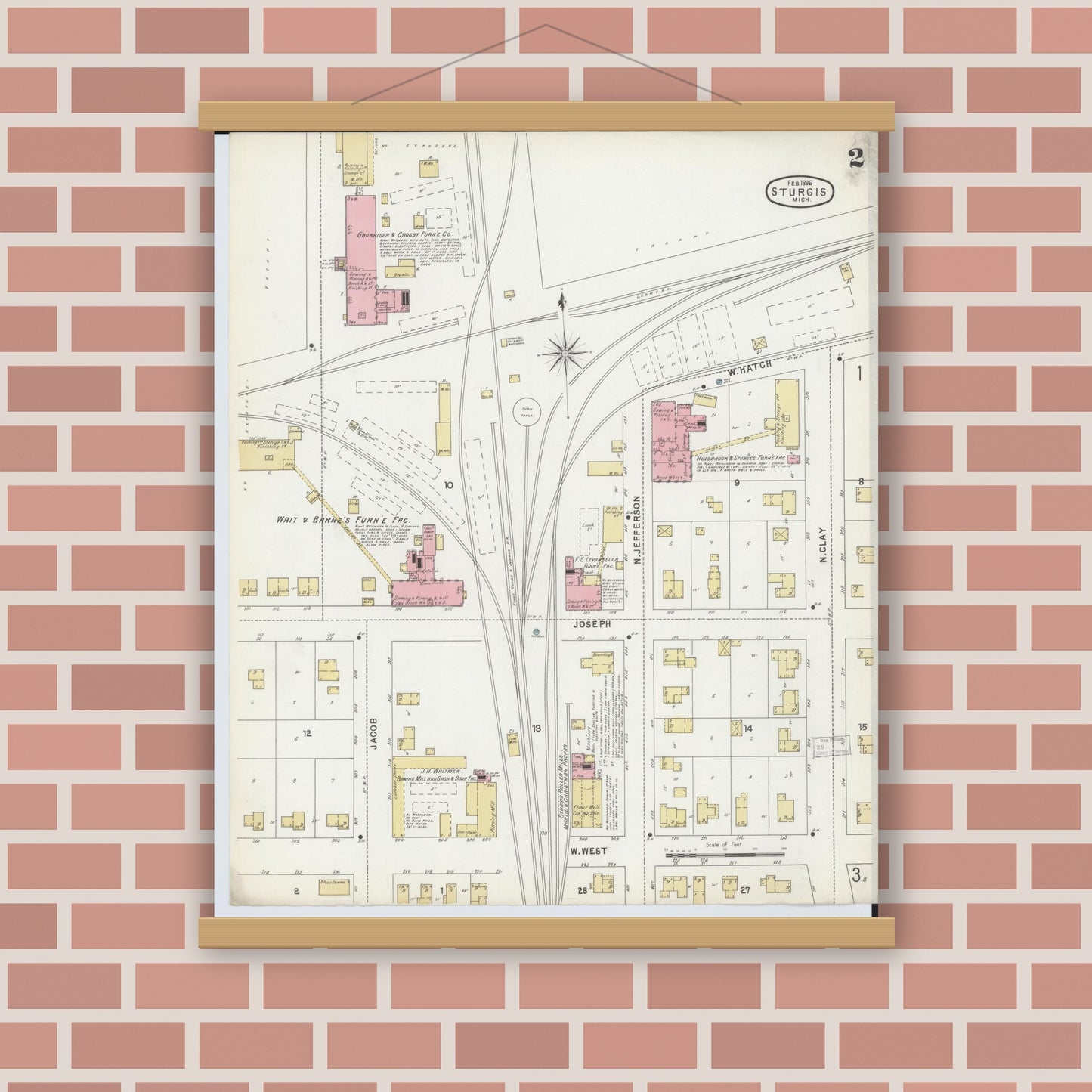 Old map wall art mockup — magnetic wood frame on brick wall — Sanborn Fire Insurance Map from Sturgis, Saint Joseph County, Michigan (1895), Sheet #0002