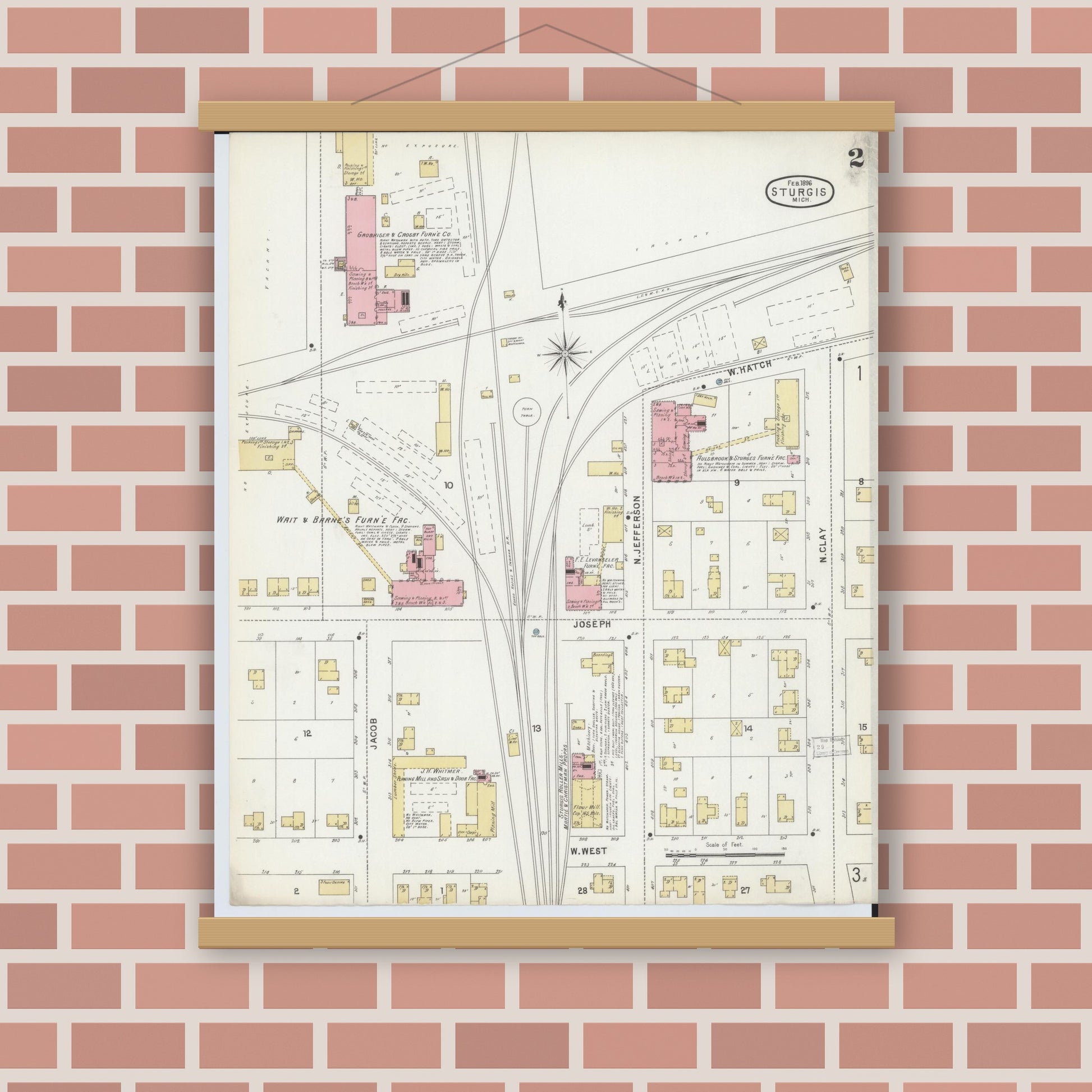 Old map wall art mockup — magnetic wood frame on brick wall — Sanborn Fire Insurance Map from Sturgis, Saint Joseph County, Michigan (1895), Sheet #0002