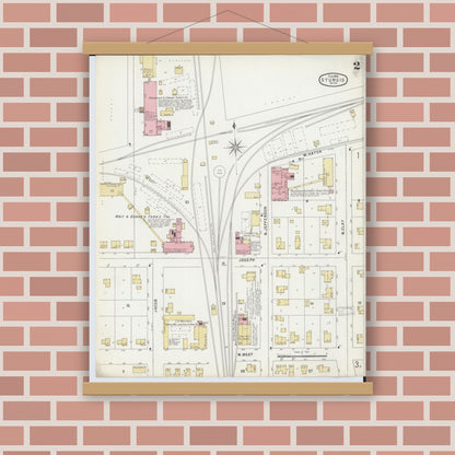 Old map wall art mockup — magnetic wood frame on brick wall — Sanborn Fire Insurance Map from Sturgis, Saint Joseph County, Michigan (1895), Sheet #0002