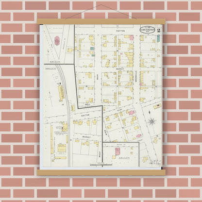 Old map wall art mockup — magnetic wood frame on brick wall — Sanborn Fire Insurance Map from Lewisburg, Preble County, Ohio (1895), Sheet #0002