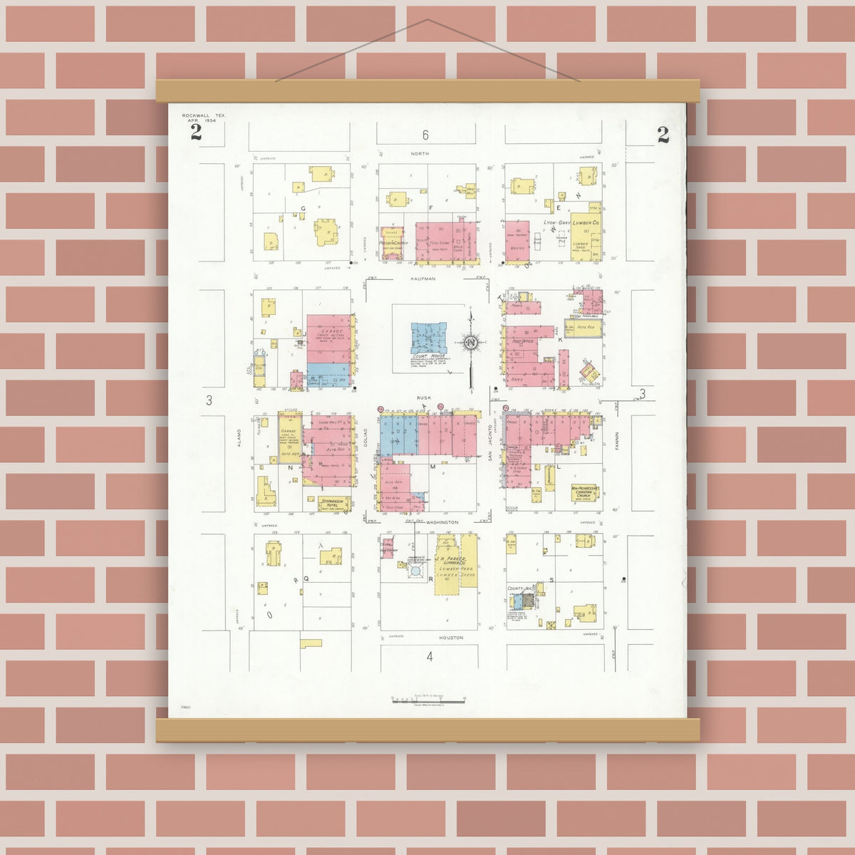 Old map wall art mockup — magnetic wood frame on brick wall — Sanborn Fire Insurance Map from Rockwall, Rockwall County, Texas (1934), Sheet #0002