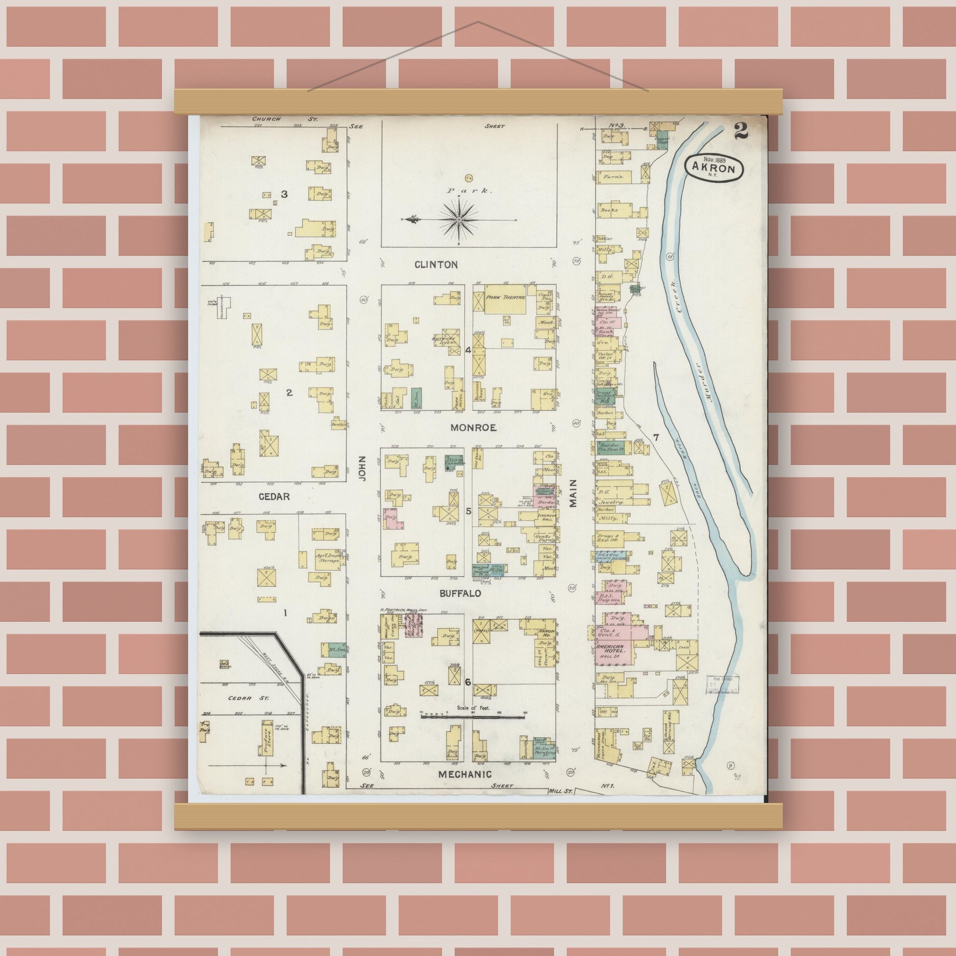 Old map wall art mockup — magnetic wood frame on brick wall — Sanborn Fire Insurance Map from Akron, Erie County, New York (1889), Sheet #0002