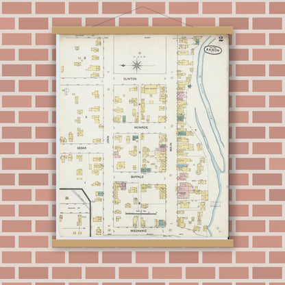 Old map wall art mockup — magnetic wood frame on brick wall — Sanborn Fire Insurance Map from Akron, Erie County, New York (1889), Sheet #0002