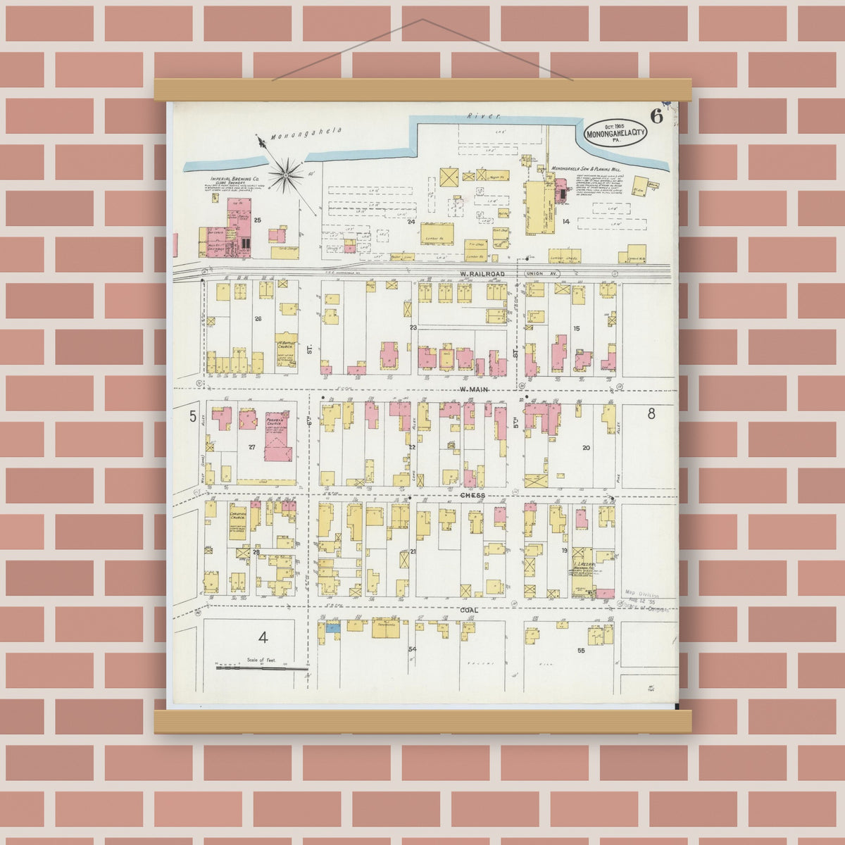 Old map wall art mockup — magnetic wood frame on brick wall — Sanborn Fire Insurance Map from Monongahela City, Washington County, Pennsylvania (1905), Sheet #0006