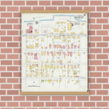 Old map wall art mockup — magnetic wood frame on brick wall — Sanborn Fire Insurance Map from Monongahela City, Washington County, Pennsylvania (1905), Sheet #0006