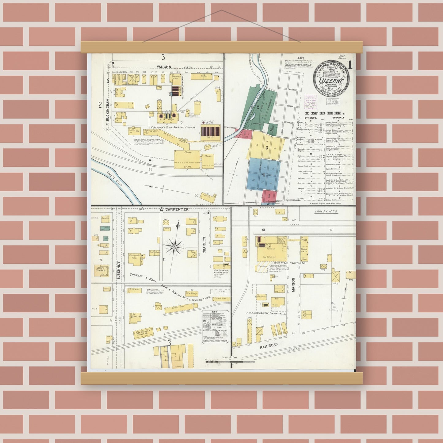 Old map wall art mockup — magnetic wood frame on brick wall — Sanborn Fire Insurance Map from Luzerne, Luzerne County, Pennsylvania (1903) - Complete Map Set