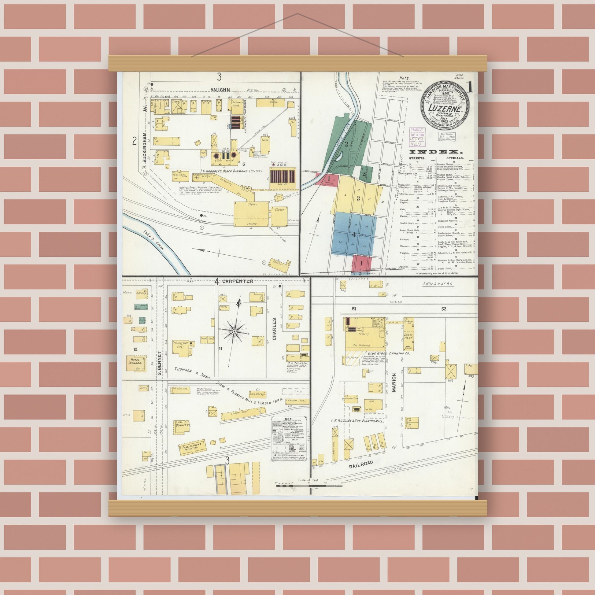 Old map wall art mockup — magnetic wood frame on brick wall — Sanborn Fire Insurance Map from Luzerne, Luzerne County, Pennsylvania (1903) - Complete Map Set