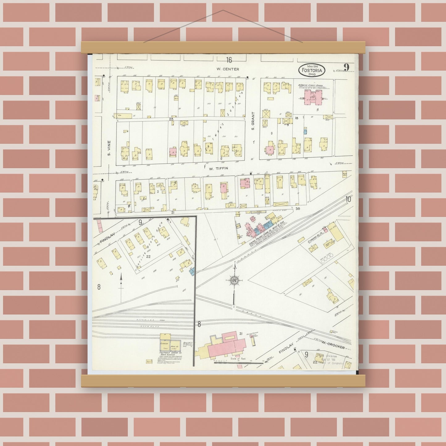 Old map wall art mockup — magnetic wood frame on brick wall — Sanborn Fire Insurance Map from Fostoria, Seneca, Hancock, And Wood Counties, Ohio (1914), Sheet #0009