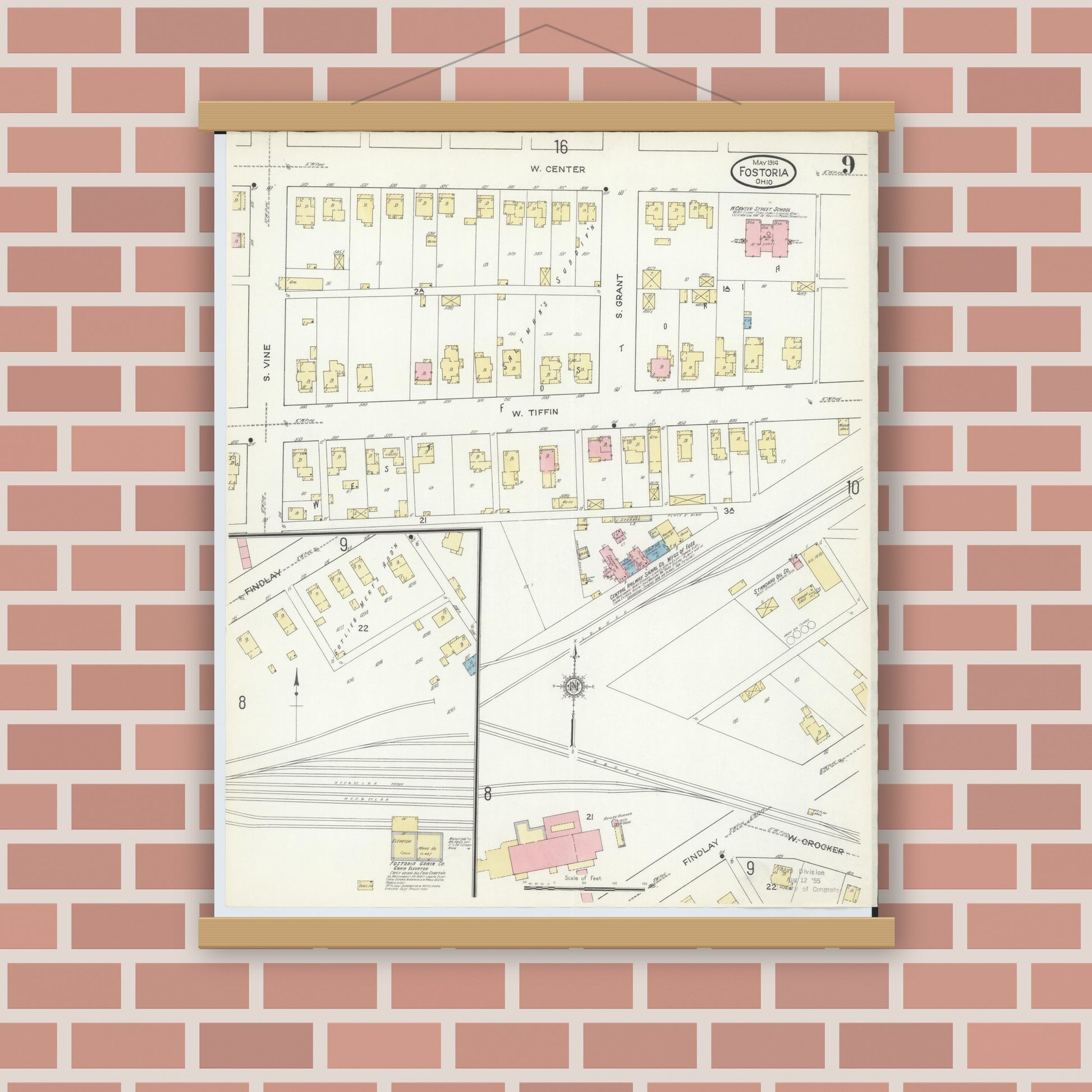 Old map wall art mockup — magnetic wood frame on brick wall — Sanborn Fire Insurance Map from Fostoria, Seneca, Hancock, And Wood Counties, Ohio (1914), Sheet #0009