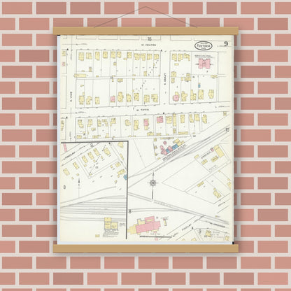 Old map wall art mockup — magnetic wood frame on brick wall — Sanborn Fire Insurance Map from Fostoria, Seneca, Hancock, And Wood Counties, Ohio (1914), Sheet #0009