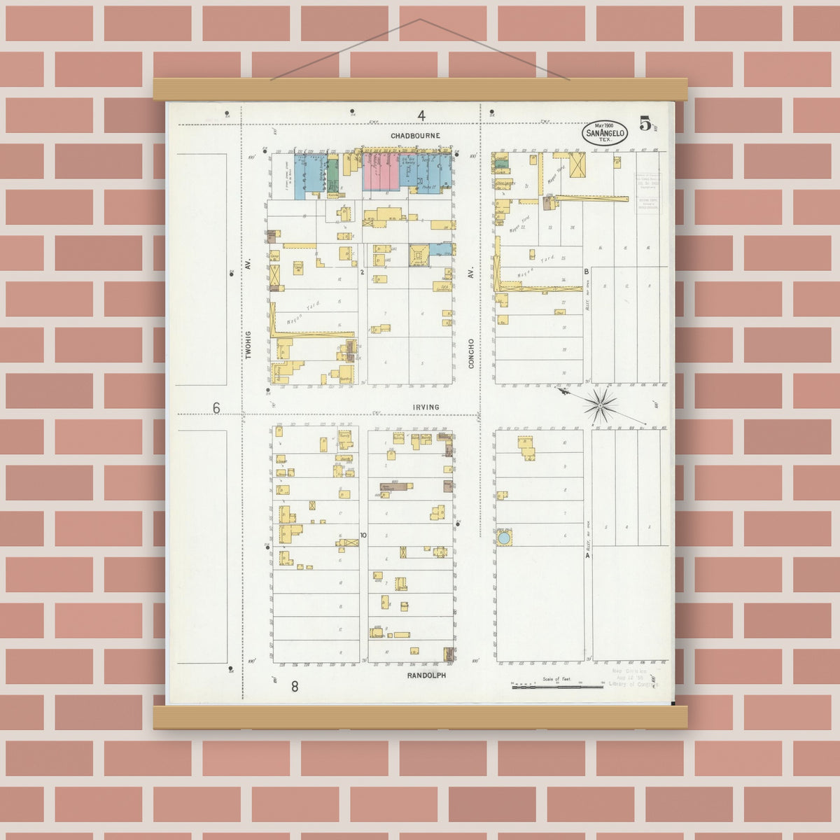 Old map wall art mockup — magnetic wood frame on brick wall — Sanborn Fire Insurance Map from San Angelo, Tom Green County, Texas (1900), Sheet #0005