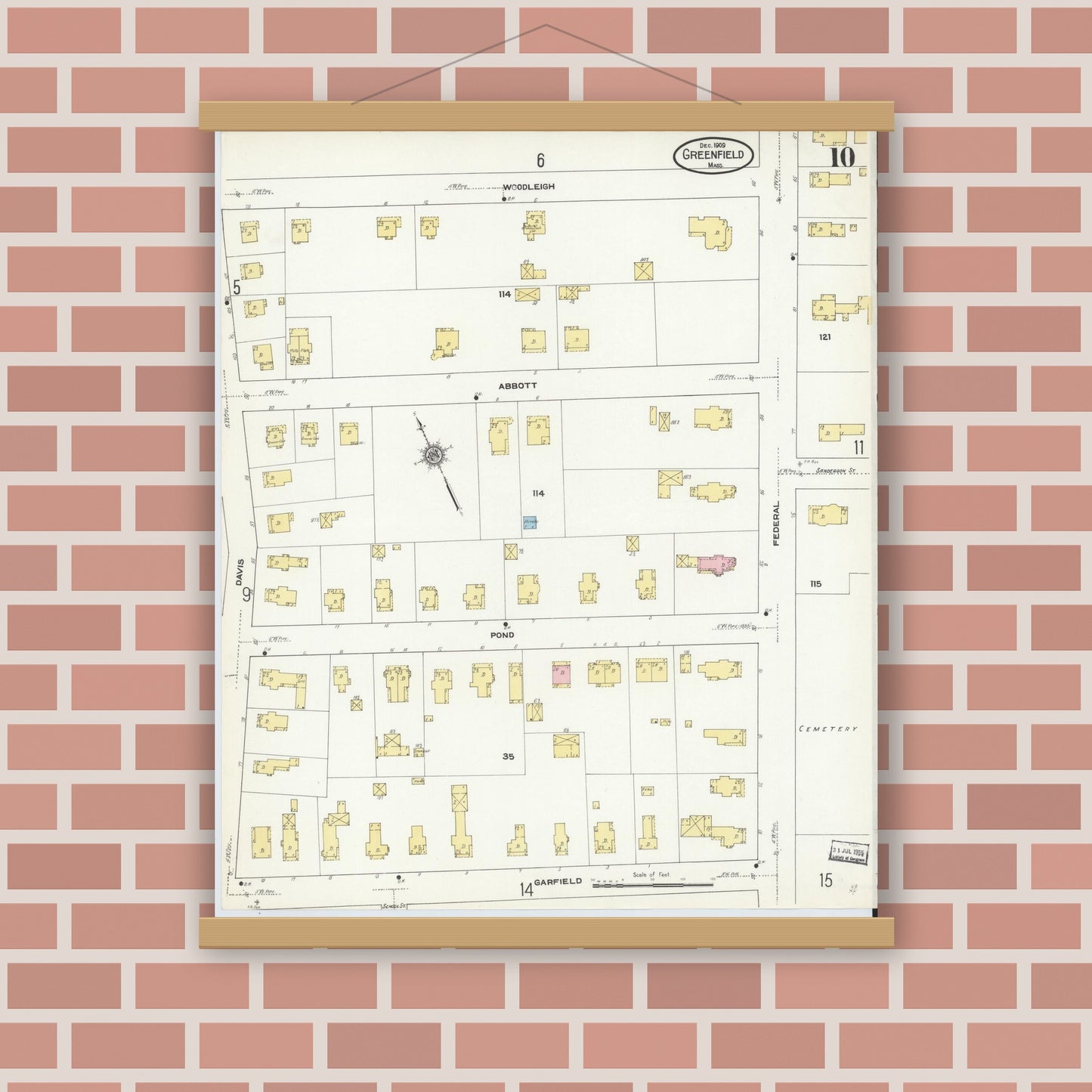 Old map wall art mockup — magnetic wood frame on brick wall — Sanborn Fire Insurance Map from Greenfield, Franklin County, Massachusetts (1909), Sheet #0010