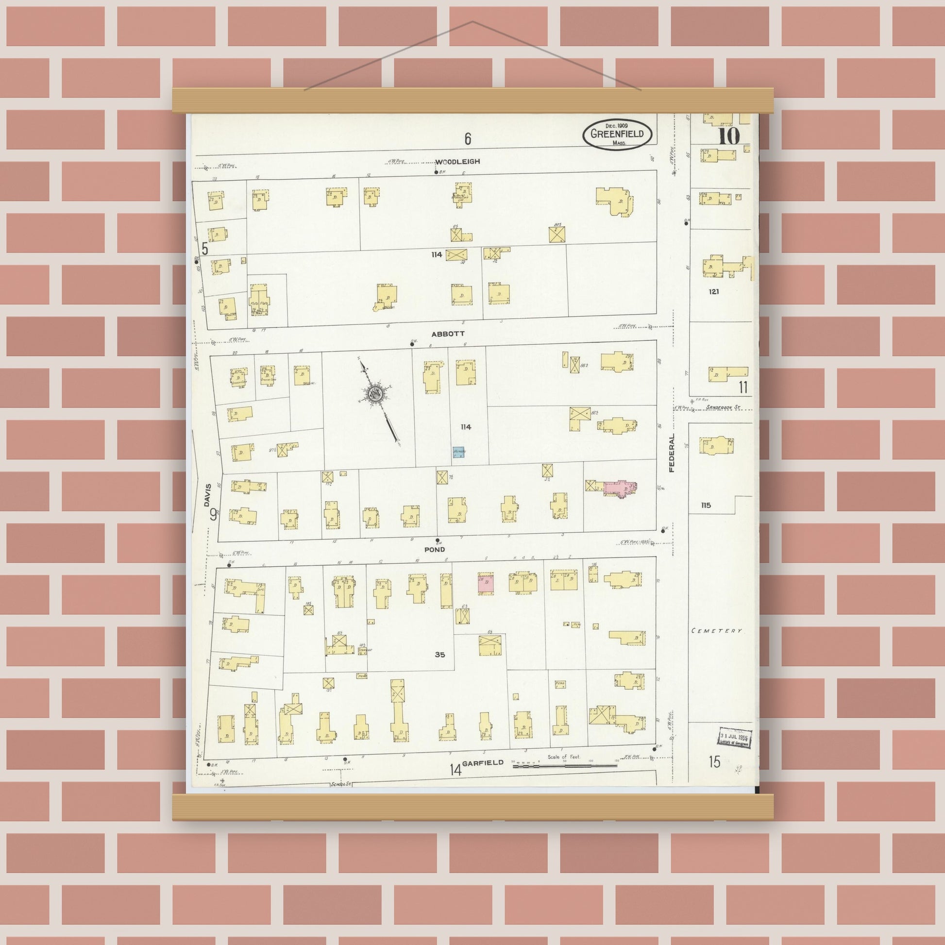 Old map wall art mockup — magnetic wood frame on brick wall — Sanborn Fire Insurance Map from Greenfield, Franklin County, Massachusetts (1909), Sheet #0010