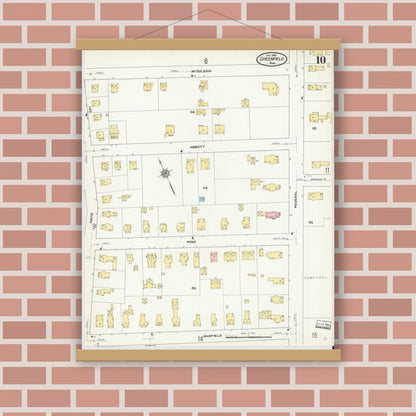 Old map wall art mockup — magnetic wood frame on brick wall — Sanborn Fire Insurance Map from Greenfield, Franklin County, Massachusetts (1909), Sheet #0010