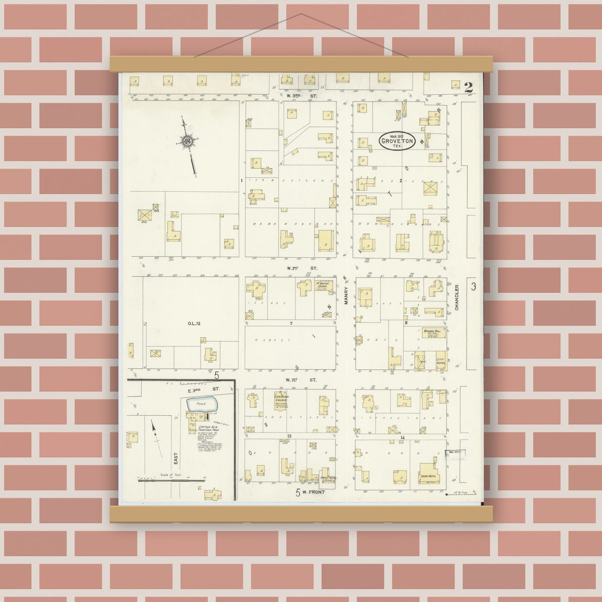 Old map wall art mockup — magnetic wood frame on brick wall — Sanborn Fire Insurance Map from Groveton, Trinity County, Texas (1912), Sheet #0002