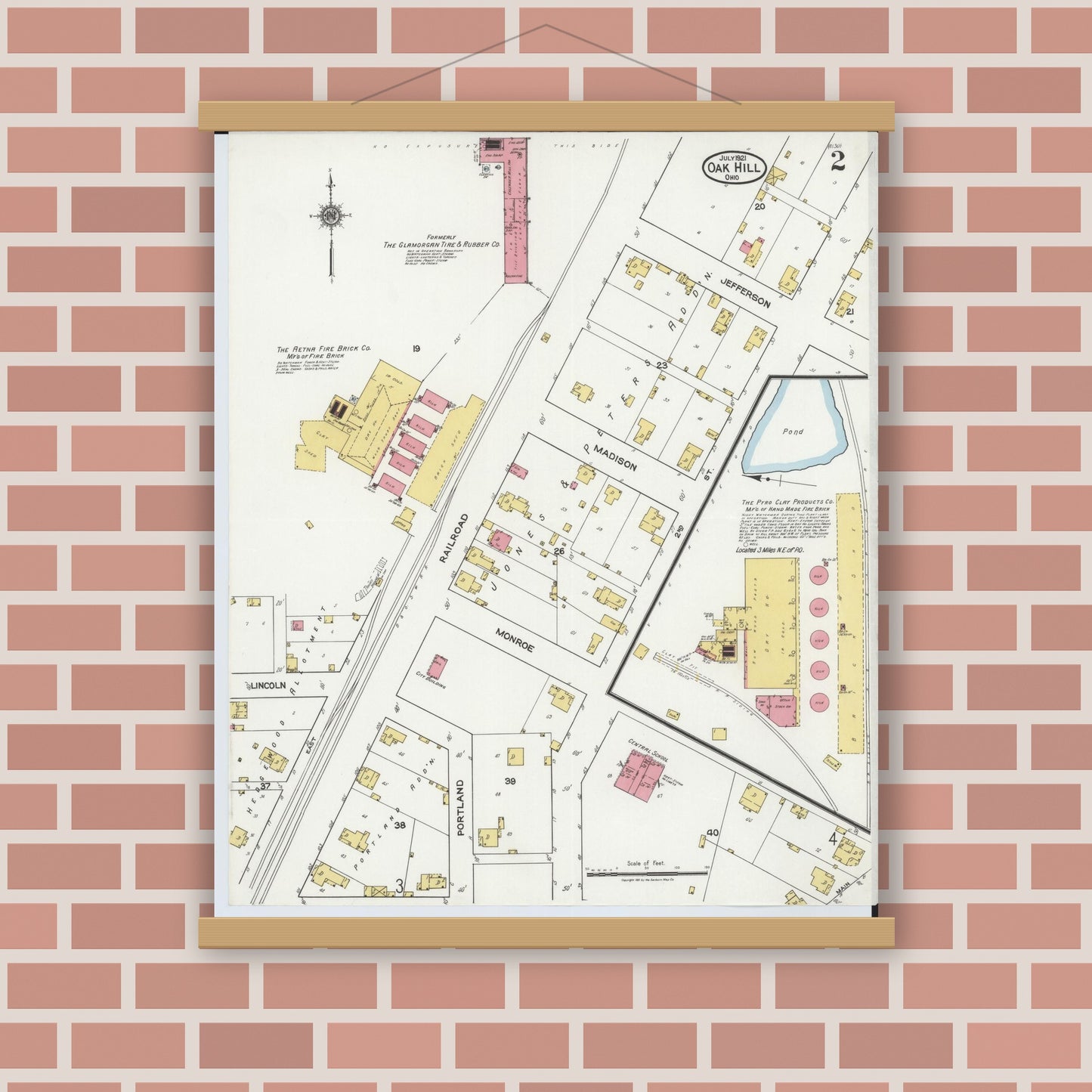 Old map wall art mockup — magnetic wood frame on brick wall — Sanborn Fire Insurance Map from Oak Hill, Jackson County, Ohio (1921), Sheet #0002