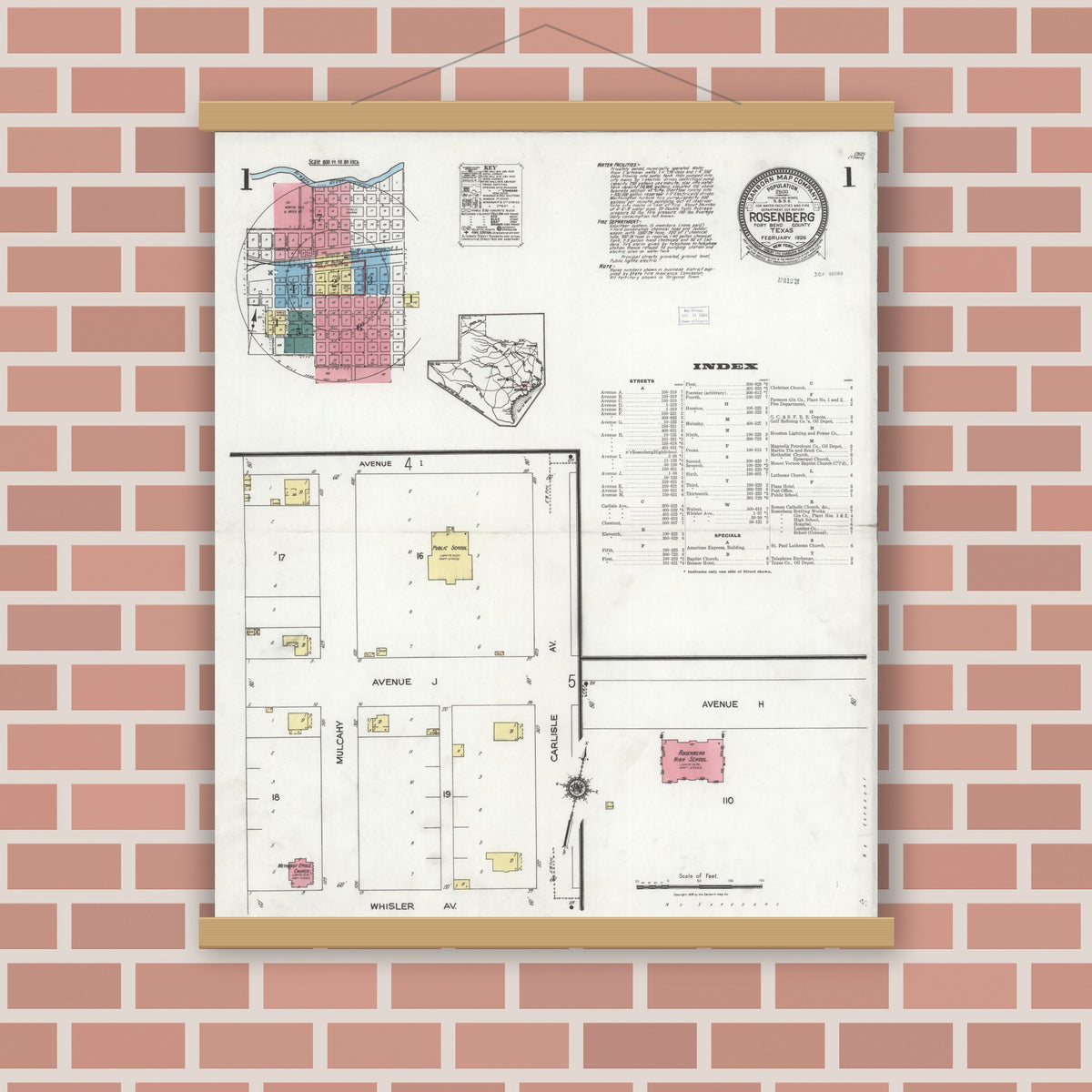 Old map wall art mockup — magnetic wood frame on brick wall — Sanborn Fire Insurance Map from Rosenberg, Fort Bend County, Texas (1926), Sheet #0001