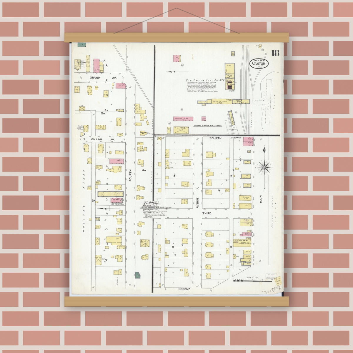 Old map wall art mockup — magnetic wood frame on brick wall — Sanborn Fire Insurance Map from Canton, Fulton County, Illinois (1909), Sheet #0018