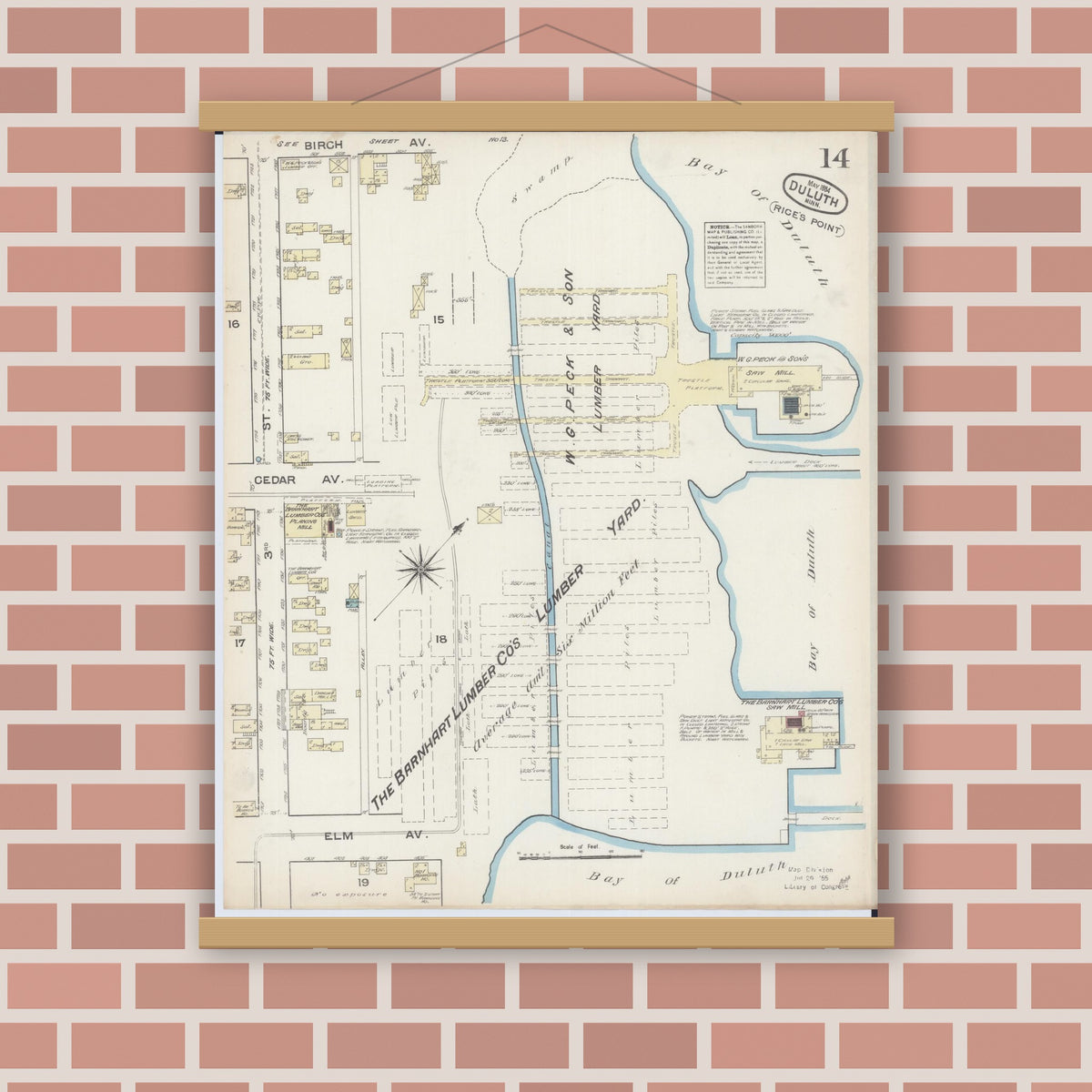 Old map wall art mockup — magnetic wood frame on brick wall — Sanborn Fire Insurance Map from Duluth, Saint Louis County, Minnesota (1884), Sheet #0014