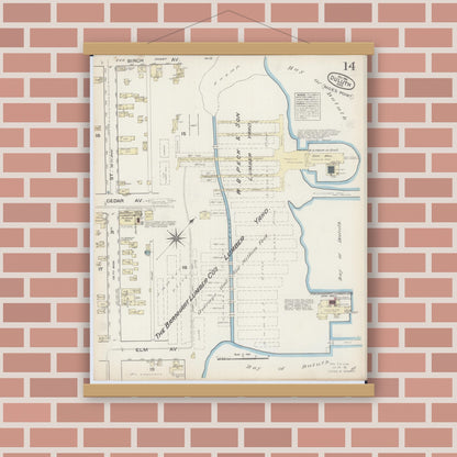 Old map wall art mockup — magnetic wood frame on brick wall — Sanborn Fire Insurance Map from Duluth, Saint Louis County, Minnesota (1884), Sheet #0014